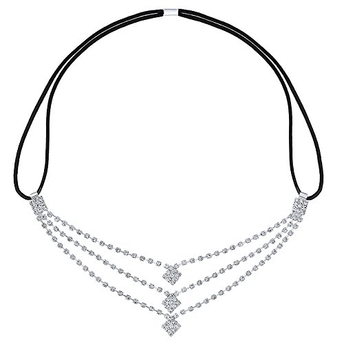 DMI Hair Jewelry Silver-Tone Rhinestone Triple Chain Headband Forehead Chain Stretch Elastic Headpieces