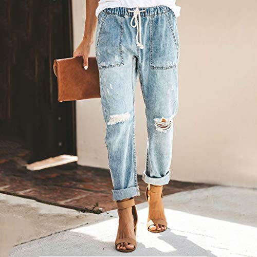 gugs Women Pull-on Distressed Denim Joggers Elastic Waist Stretch Pants Paper Bag Waist Pants High Waist Long Pencil Pants (S, Light Blue)