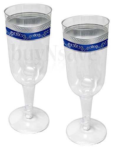 buyNsave Blue With Silver Heavyweight Plastic Elegant Disposable Plates, Wedding Party Elegant Dinnerware, Royal Collection (35, 5oz. Wine Goblets)