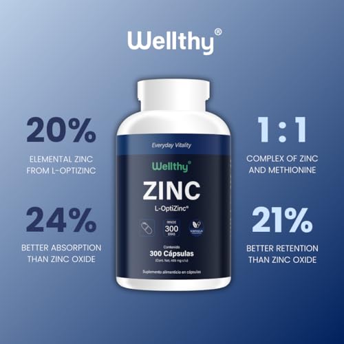 Wellthy Zinc Premium 300 Cápsulas. Hecho con L-Optizinc, fórmula de Alta Absorción patentada por el Laboratorio Suizo Lonza. 220 Porciones, 10 meses de consumo, V Caps Cápsulas Veganas.