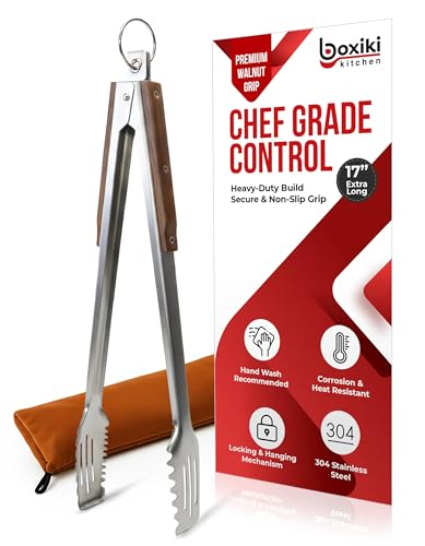 Photo 1 of 17-Inch Grill Tongs for Outdoor Grilling - Heavy Duty Stainless Steel Tongs with Luxurious Walnut Grip & Premium Gift Pouch - Extra Long BBQ Tongs for Grilling, Smoker & Outdoor Cooking