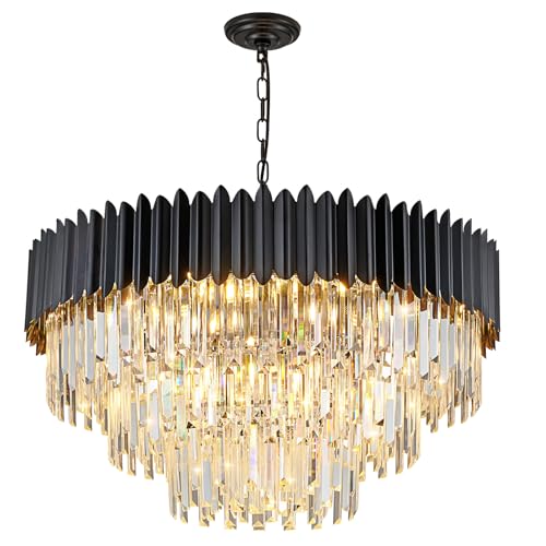 KUNYEEE Modern Luxury Crystal Pendant Light, Black Crystal Chandelier, 15xE14 Drop Chandelier Light Recessed Ceiling Light for Dining Room, Φ80cm