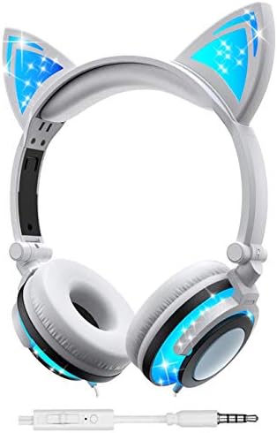 Olyre Wired Headphones with Microphone for Kids/Girls/Boys/Women,On-Ears Adjustable Stereo Foldable LED Cat Kitty Gift Headset Compatible with Computer Tablet PC iPad Smartphone(White)