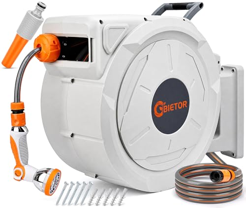 Bietor Hose Reel Water 45 m + 2 m, 180° Swivelling Wall Hose Box, Automatic Garden Hose Drum with 10 Functions Garden Shower for Watering, Car Washing