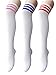 Zando Women Thin Stripes Tube Thigh High Tights Over Knee Socks Casual High Stockings A 3 Pairs White (Red Pink Blue)