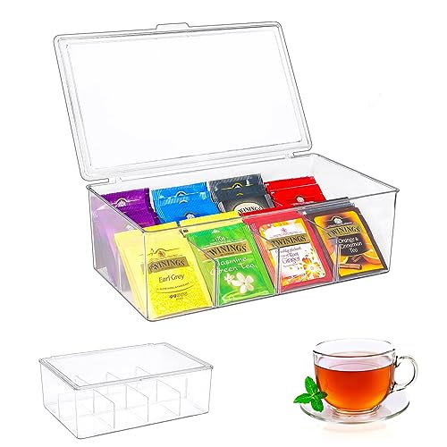 Caja para Té con 8 Compartimentos con Tapa Abatible, Organizador de Te para Infusiones, Bolsas de Té, Sobres de Café y Azúcar, Porta Te de Acrilico para Nevera, Armario, Despensa, Encimeras de Cocina