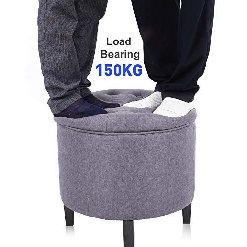 YAMASORO Fabric Cushion Button Lift Top Storage Footstool, Height 18 Inches Strudy Round Ottomans & Storage Ottomans, Gray