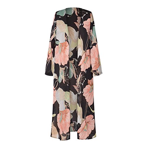 Women's Light Floral Print Chiffon Kimono Cardigan Coverup Blouse Tops (M, Black)