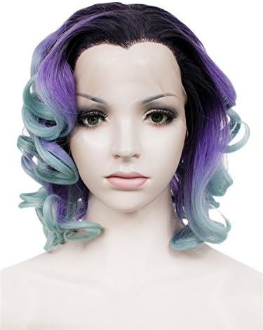 Lace Wig Lace Hair Synthetic Lace Front Wig Medium Hair Length Wave Ombre Purple Mixed Blue Wig