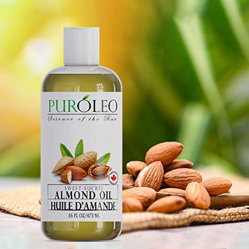 PUROLEO SWEET ALMOND OIL 16 FL OZ/473 ML (PACKED IN CANADA) PURE ALMOND OIL FOR SKIN, HAIR, & BODY | ORGANIC CARRIER OIL & BODY OILS FOR WOMEN | ALMOND BUTTER HAIR OIL, BODY OIL, BABY OIL