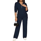 PINSV Women's 2 Piece Outfits Sweatsuit Lapel Half Zip Sweatshirts Wide Leg Pants Set Tracksuit