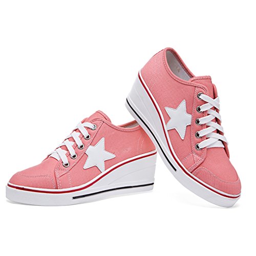 mewow Womens Casual Plus Size Low Top Wedge Heel Star Canvas Shoes Fashion Sneaker (10, Pink Large Star) - Thumbnail 3