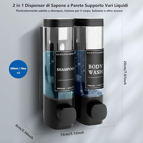 MEKOTRIN Bathroom Soap Dispenser, Wall Mounted Soap Dispenser with Waterproof Label for Kitchens Bathrooms (Black, 2 x 300 ml)