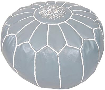 Moroccan Pouf Ottoman Footstool (Leather) Genuine Hand-Stitched Seating | Living Room, Bedroom, Sitting Area | Gray White | Exclusive Designs