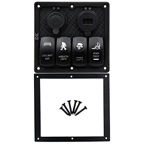 FXC Waterproof Marine Boat Rocker Switch Panel 4 Gang with 4.2A Dual USB Slot Socket + Digital Voltage Display + Cigarette Lighter LED Light for Car Rv Vehicles Truck