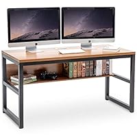 TOPSKY 55" Computer Desk with Bookshelf/Metal Desk Grommet Hole Cable Cover Oak_Brown