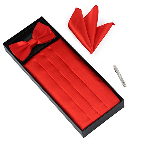Elviros Mens Silk Grossgrain Bow Tie and Cummerbund Set with a Pocket Squa...