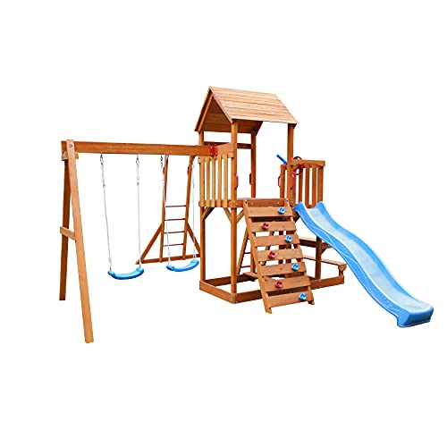 ALEKO Ultimate Swingset with Canopy, Slide, Climbing Wall, and Monkey
