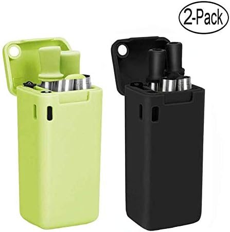2Pack Collapsible Reusable Straws Portable Folding Stainless Steel Drinking Straws with Cleaning Brush Hard Case Holder for Travel Party Daily Use (Black&Green)