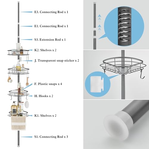 DUFU Telescopic Metal Shower Shelf with 4 Trays Adjustable Suitable for Ceilings from 85 to 325 cm Height for Organizing Bathtub or Bathroom Grey