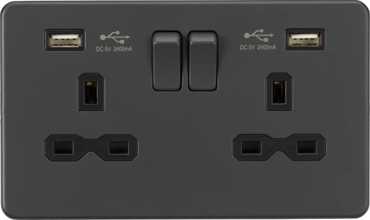Screwless 13A 2G Switched Socket with Dual USB Charger; 2.4A, Anthracite