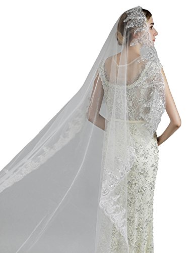 anmor Women's 3M Long Wedding Veil Lace Applique Sequin Tulle Bridal Veil Free Comb Ivory