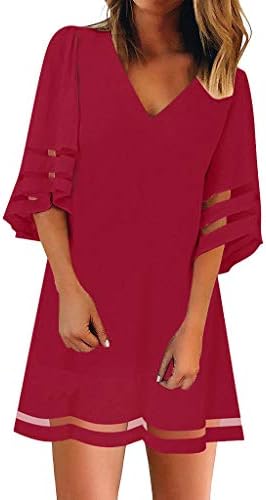 Women's Crew Neck Gauze Dress O Neck Mesh Panel Blouse 3/4 Bell Sleeve Loose Top Shirt Dress Skirt Summer Dress Maxi Dresses Top Dresses
