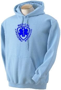 Custom Emergency Medical Technician Star of Life Logo on Hooded Pullover Sweatshirt , mens x-large, light blue