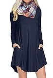 POSESHE Women's Long Sleeve O-Neck Casual Loose Fit T-Shirt Dress Navy Blue S