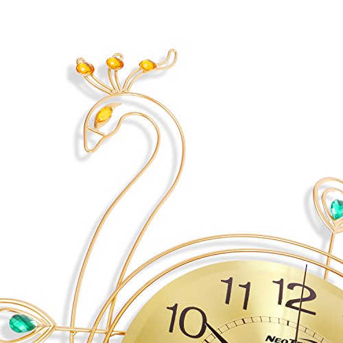 NEOTEND 3D Wall Clock Peacock 40pcs Diamonds Decorative Clock Diameter 20.8"