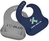 Stylish and Functional! Designer Waterproof Silicone Bibs, Easily Wipes Clean! BPA Free Soft Silicone Baby Bibs with Crumb Catcher Pocket! (Blue-Gray)