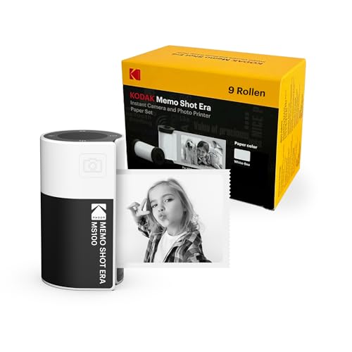Kodak Memo Shot ERA Kinder-Sofortbildkamera und Foto-Etikettendrucker, Weiß (Kamera mit 1 Rolle One-Touch-Etikettenpatrone + 9 Rollen Patronenset)