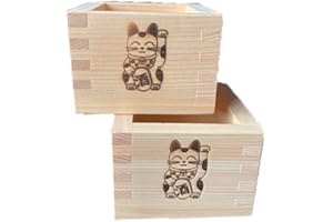 EDOYA Hinoki Wooden Sake Cups (Set of 2) Japanese Box Masu with Japanese Lucky Brand Made in Japan (Maneki Neko 1)