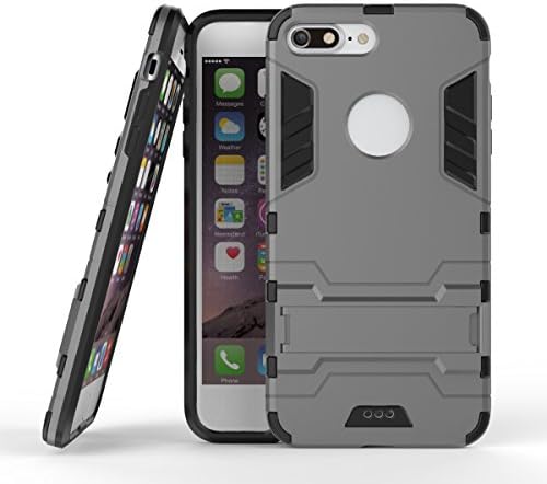 iPhone 7 Plus Case, PluStore Dual Layer Protective Hybrid Silicone +TPU Case Cover For iphone 7 plus 5.5" with Built in Kick-Stand for Hands-Free Viewing (Light Grey)