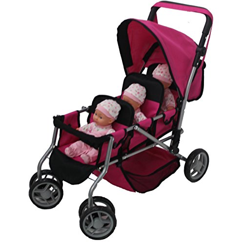  Mommy & Me TRIPLET Doll Pram Back to Back with Swiveling Wheels & Free Carriage Bag - 9668A