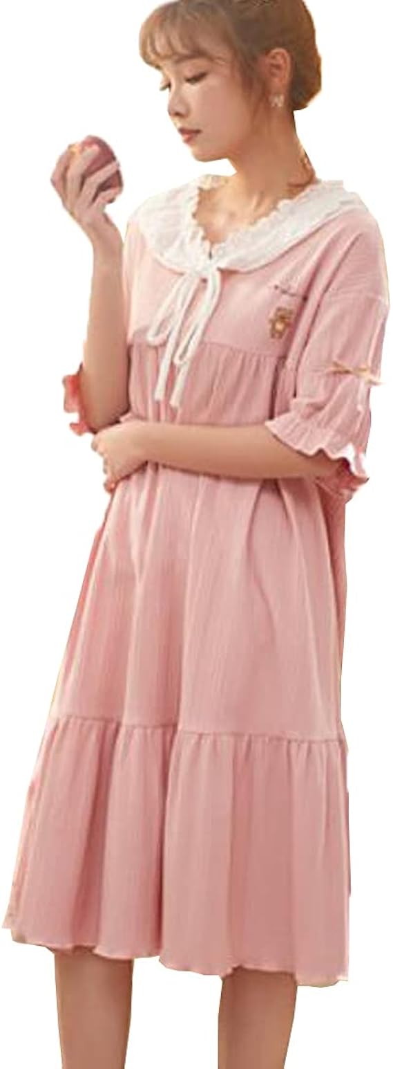 Amazon もうほうきょう ルームワンピース ネグリジェ パジャマ レディース 半袖 ナイトウェア ルームウェア レース付き 部屋着 寝間着 ナイトドレス お姫様 姫系 可愛い 夏 ゆったり 膝丈 無地 通気 快適 柔らかい ルームワンピース ネグリジェ 通販