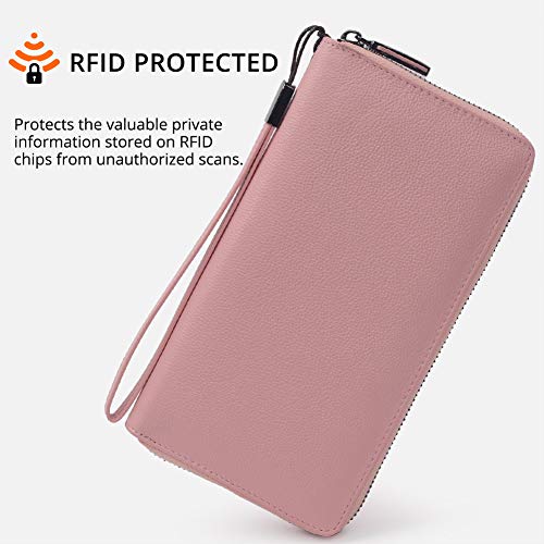 Women RFID Blocking Wallet Leather Zip Around Phone Clutch Large Travel Purse Wristlet (Pink)