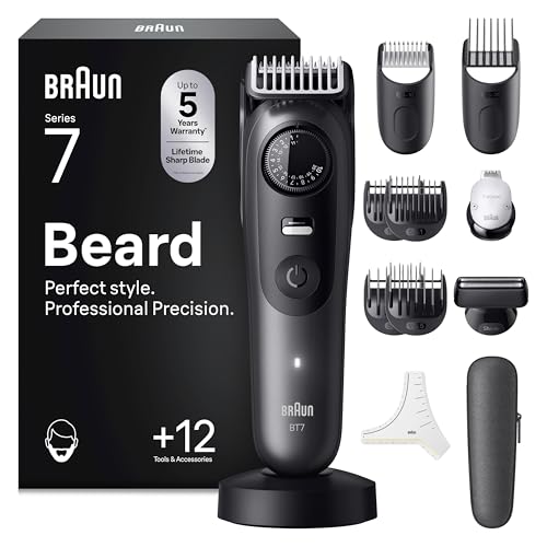 Braun Barttrimmer Series 7, Elektrischer Bartschneider Herren mit 12 Zubehörteile, Lebenslang Ultrascharfe Klinge, 120 Min. Akku, Kabelloser Bartrasierer, 40 Längen, Wasserdicht, BT7545, Grau