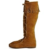 Minnetonka Stivali Alti Da Donna Front Lace Knee High, Pelle Marrone (Brown 2), Tomaia In Pelle, Suola Gomma, Taglia 40 EU, Stile Bohémien Chic