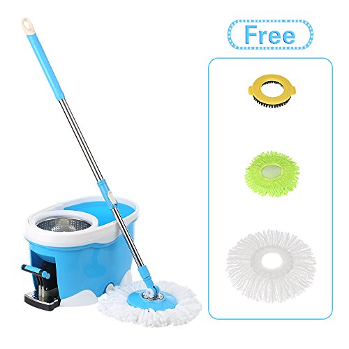 IKAYAA 360° Rolling Spinning Mop Bucket Cleaning System with Foot Pedal EasyWring Floor Mop + 2 Microfiber Mop Head + Scrub Brush + Chenille Mop Head