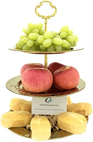 GkGk 3 Tier Cake Stand, Durable Easy Assembly Stainless Steel Plate with Elegant Retro Design for Fruits, Cupcakes, Snacks, Desserts, Candy, Ideal for Weddings, Parties and Home Use (New Gold 3 Tier)
