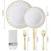 WDF 25Guest Gold Plastic Plates with Disposable Plastic Silverware&Hand Napkins- Star Dot 25 Dinner Plates,25 Salad Plates,25 Forks, 25 Knives, 25 Spoons,25 Disposable Napkins