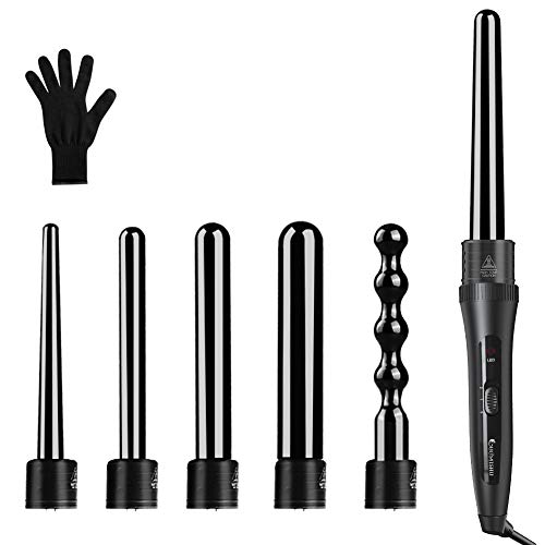 6 in 1 Hair Curling Wand and Curling Iron Set with 6 Interchangeable Ceramic Barrels and Heat Resistant Glove(Black), 0.35-1 1/4 Inch Hair Curler for Mother’s Day Gifts by Duomishu
