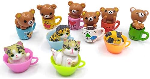 EMiEN 10PCS Bears and Cats in Cups Miniature Ornament for DIY Dollhouse Decoration Fairy Garden Plant Décor, Nice Decoration Accessories for Desk,Cabinet,Kids Room,Party etc. Christmas/Birthday Gift f
