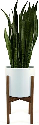 FOX &amp; FERN Mid-Century Modern Plant Stand - Acacia Wood - INCLUDING 11" White Ceramic Planter Pot