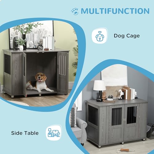 PawHut 45" L Dog Crate Furniture with Lockable Magnetic Door, Adjustable Feet, Indoor Dog Kennel End Table for Extra Large, Medium & Small Breeds, Grey