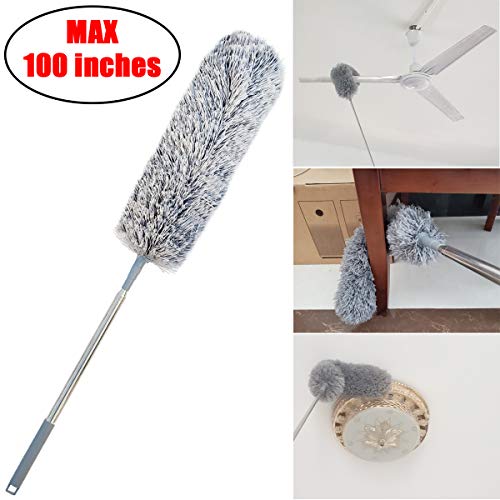 Upgrade Extra Long Microfiber Duster with Telescoping Extension Pole (30" to 100") and Bendable Washable Head, Hypoallergenic Lint Free Duster for Cleaning Roof, Blinds, Cobwebs,Ceiling Fan, Furniture