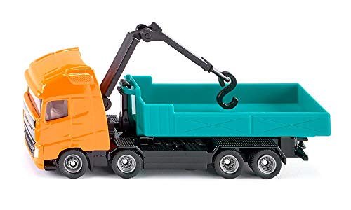 siku 1683, Volvo Abrollkipper mit Kran, Metall/Kunststoff, Orange/Türkis, Abrollbare Mulde, Drehbarer Kran