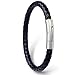 MERIT OCEAN Black Genuine Leather Bracelet Rope for Men Wrist Band Stainless Steel Automatic Button Clasp 8.6 Inch (8.6inch(22cm))