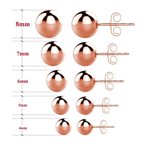UHIBROS 316L Surgical Stainless Steel Round Ball Studs Earrings 5 Pair Set Assorted Sizes (Rose Gold)